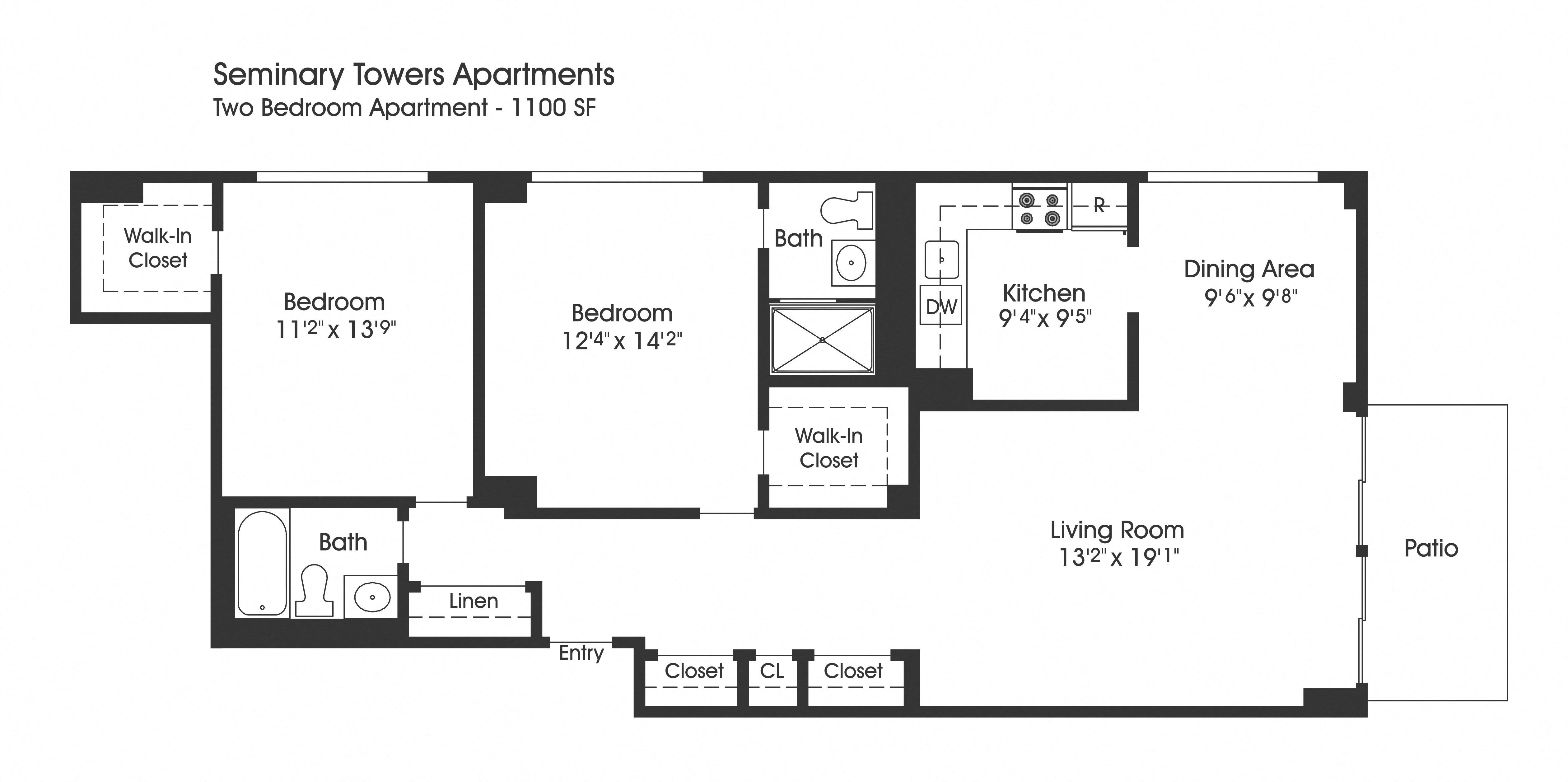 Floor plan for 2 beds, 2 baths, 1100 sqft